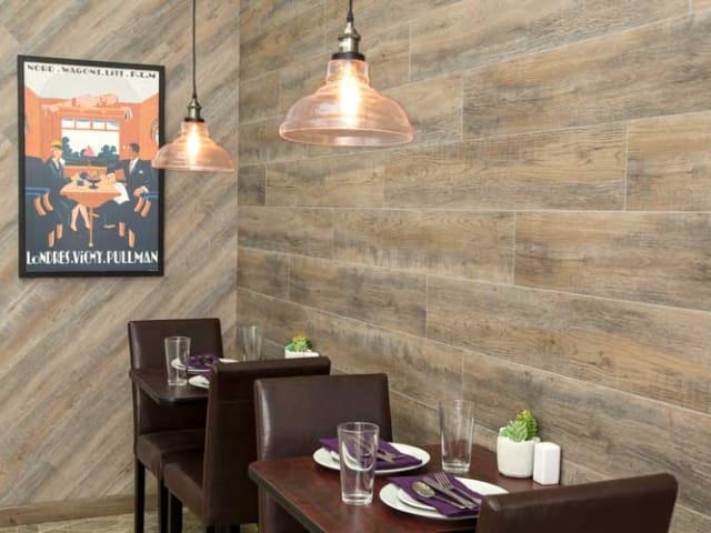 Palisade Wall Planks in Natural Oak in Restaurant Dining Room Palisade Wall Planks in Natural Oak in Restaurant Dining Room