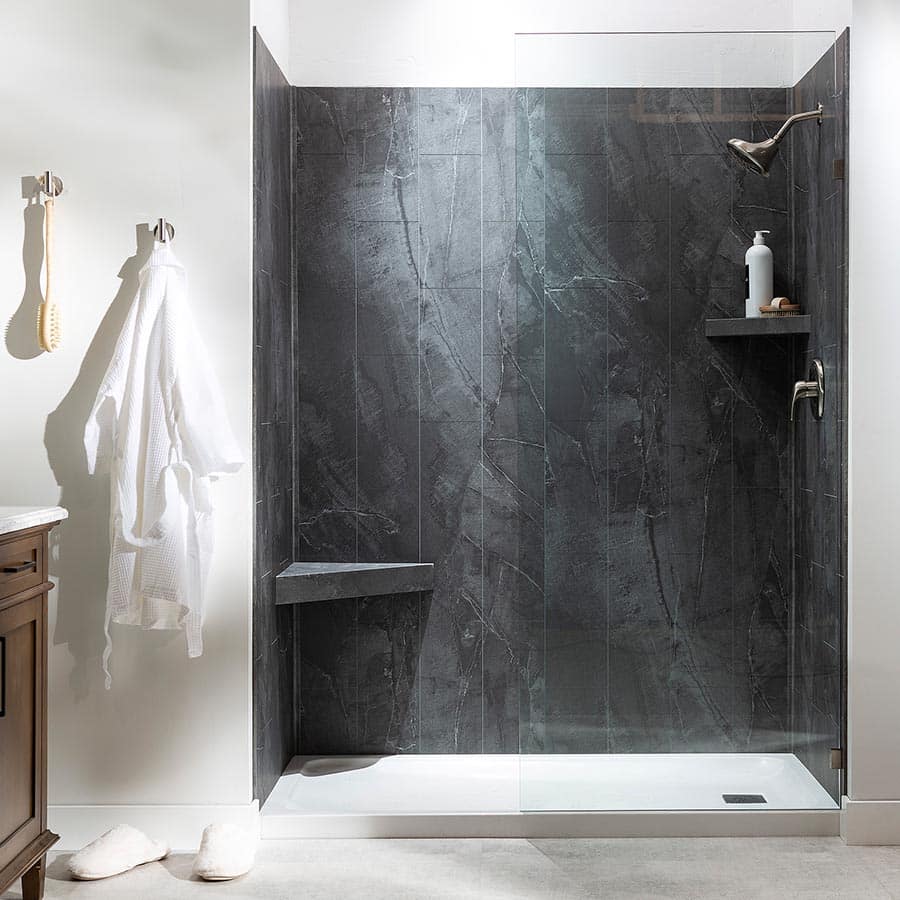 Shower with shelf and bench installed in Cracked Slate