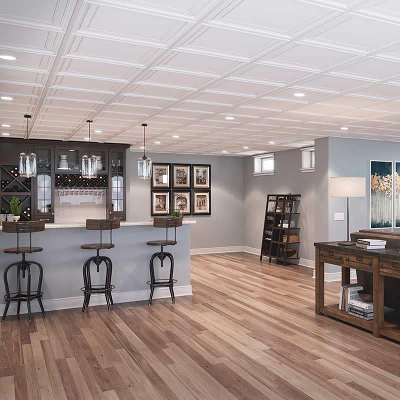 Icon Coffer ceiling tiles in white - installed in basement rec room