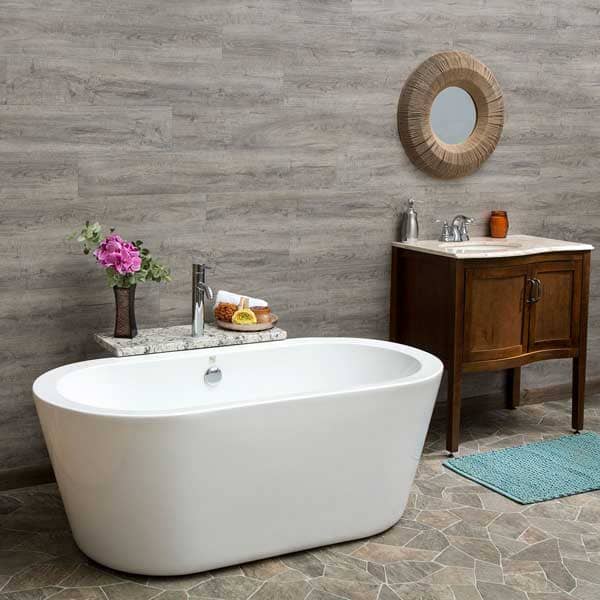 Bathroom wall with Palisade wall planks in Gray Oak
