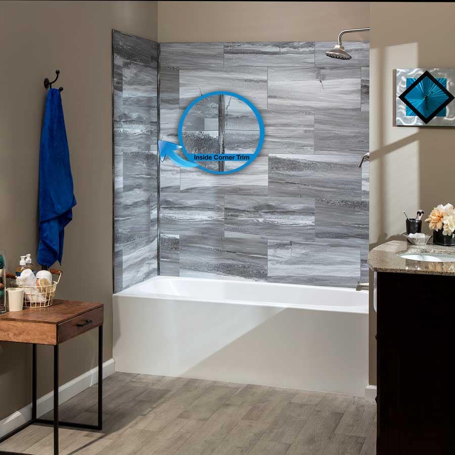 Zoomed-in view of Hermitage Granite inside corner trim and panel