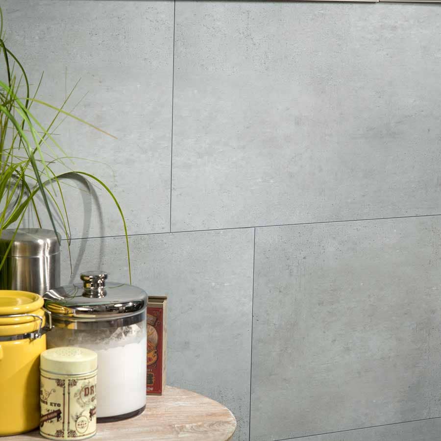 Close-up of Palisade's Frost Nickel wall tiles in kitchen