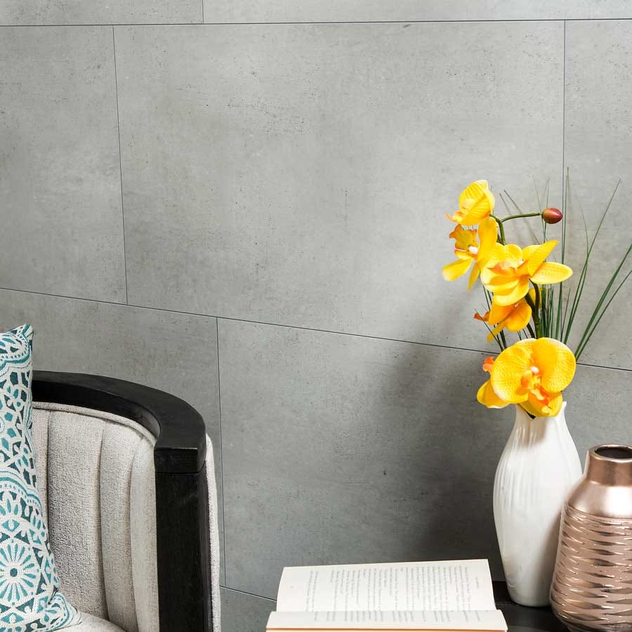 lose-up of Palisade's Frost Nickel wall tiles in bedroom
