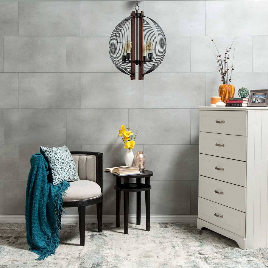 Palisade's Frost Nickel wall tiles in bedroom