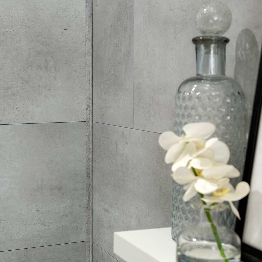 Close-up of Palisade's Frost Nickel wall tiles in bathroom