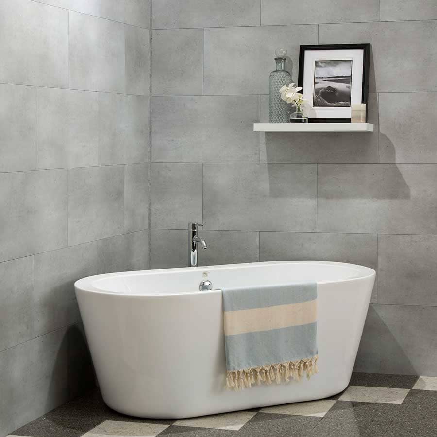 Palisade's Frost Nickel wall tiles in bathroom with soaking tub