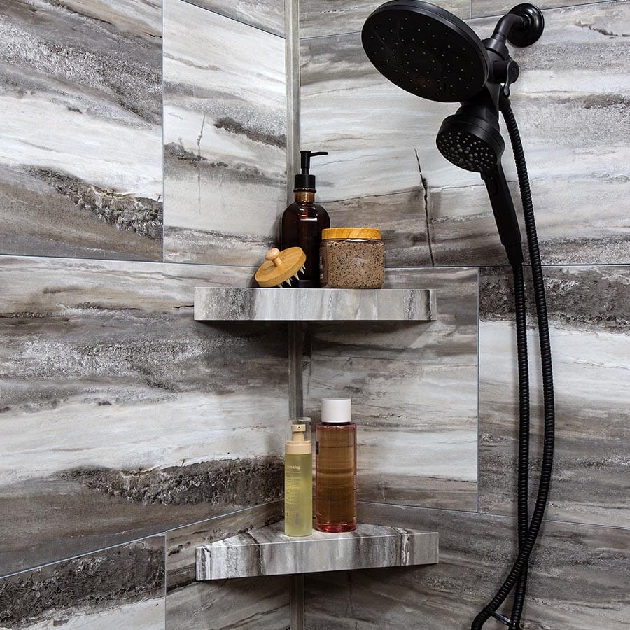 Palisade matching shelves in Louvre Granite