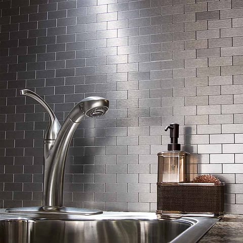 Aspect&#039;s Mini Subway Matted Metal Backsplash tiles in Brushed Stainless