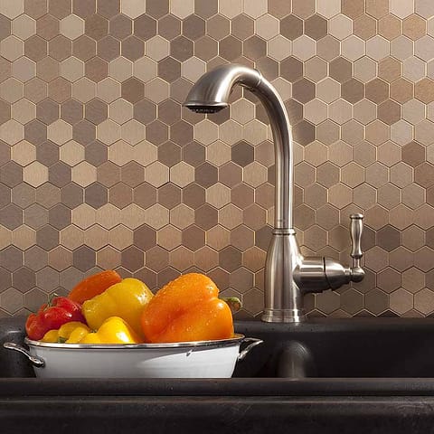 Aspect&#039;s Honeycomb Matted Metal Backsplash Tiles in Brushed Champagne