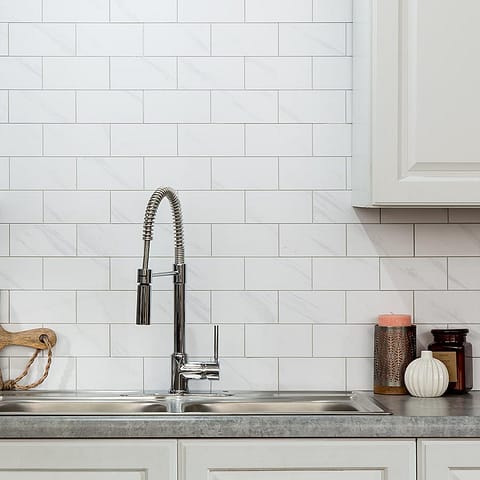 Aspect Collage Backsplash Tile in Carrara Subway