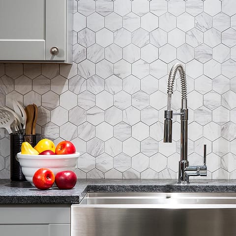 Aspect Collage Backsplash Tile in Carrara Hex