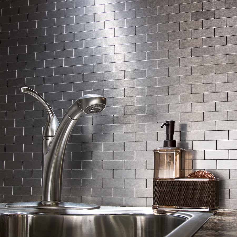 Aspect's Mini Subway Matted Metal Backsplash tiles in Brushed Stainless