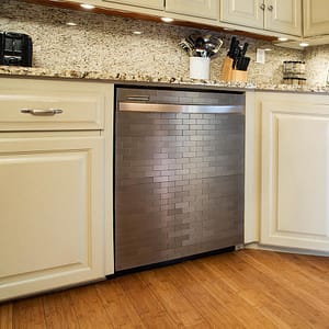 Aspect Brushed Stainless metal tiles on dishwasher Aspect Brushed Stainless metal tiles on dishwasher