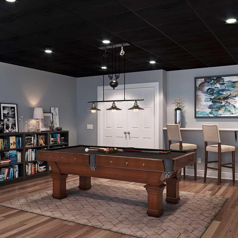 75107_DriftsBlack02_large Drifts ceiling panels in black - installed in basement rec room